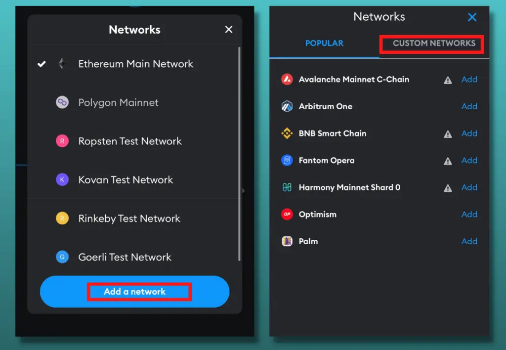 Networks window in MetaMask.