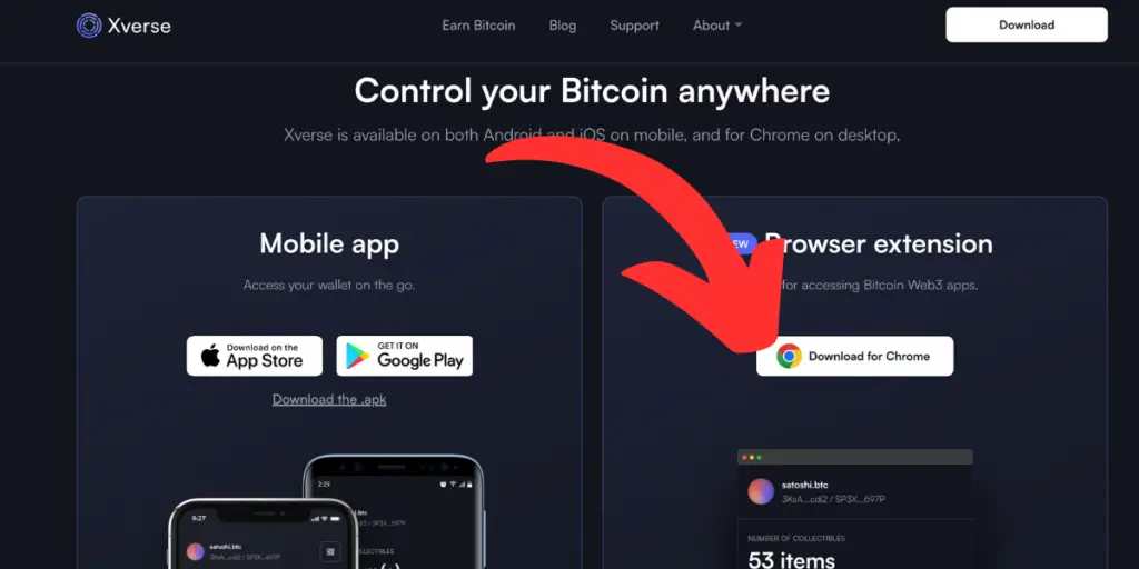 Xverse download for chrome extension page.