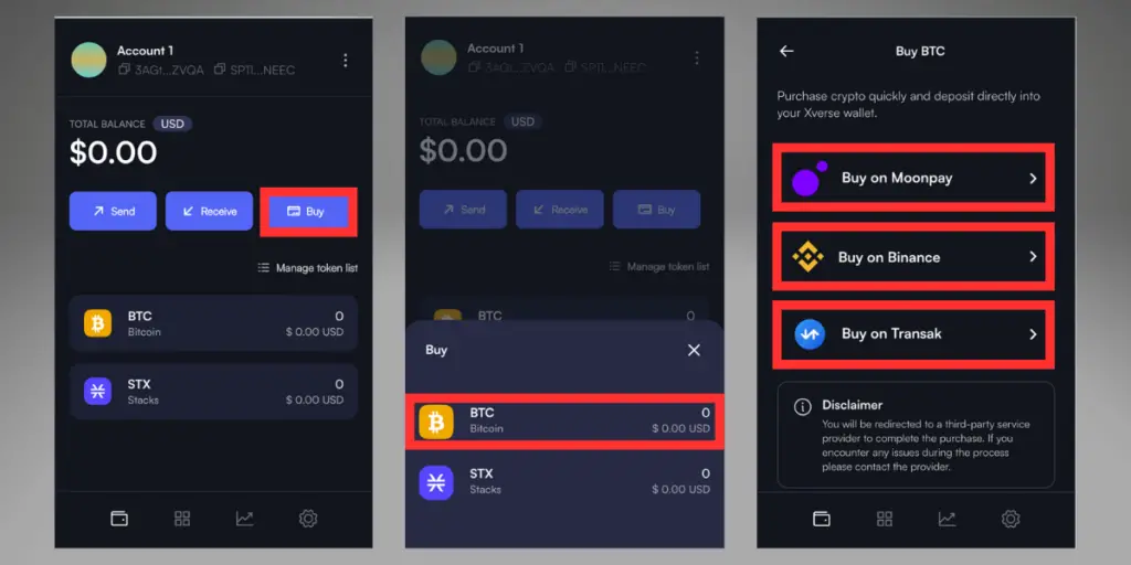 Three steps to buy BTC directly in the Xverse wallet.