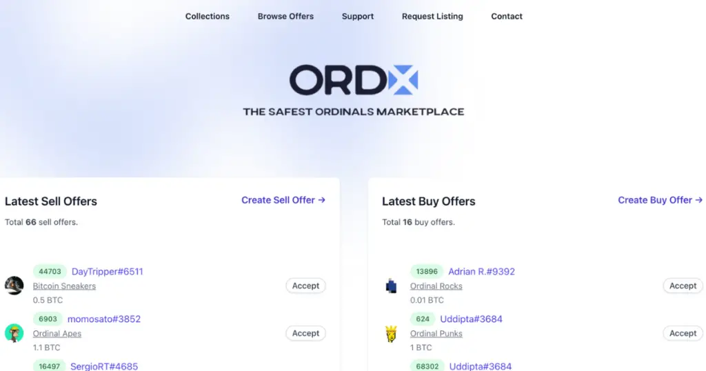 Ordinals Marketplace ORDX homepage.