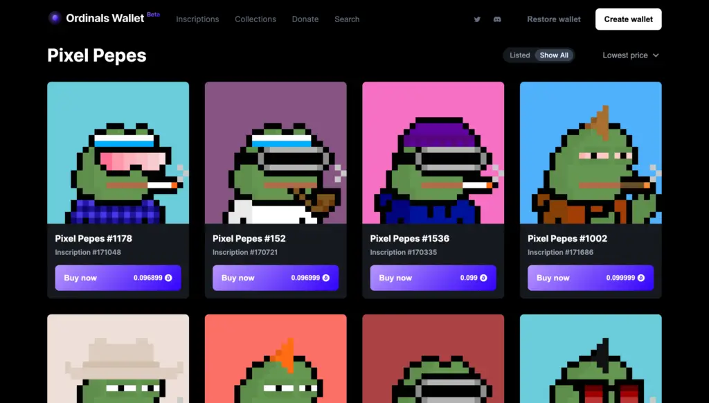 Pixel Pepes Ordinal NFT collection.