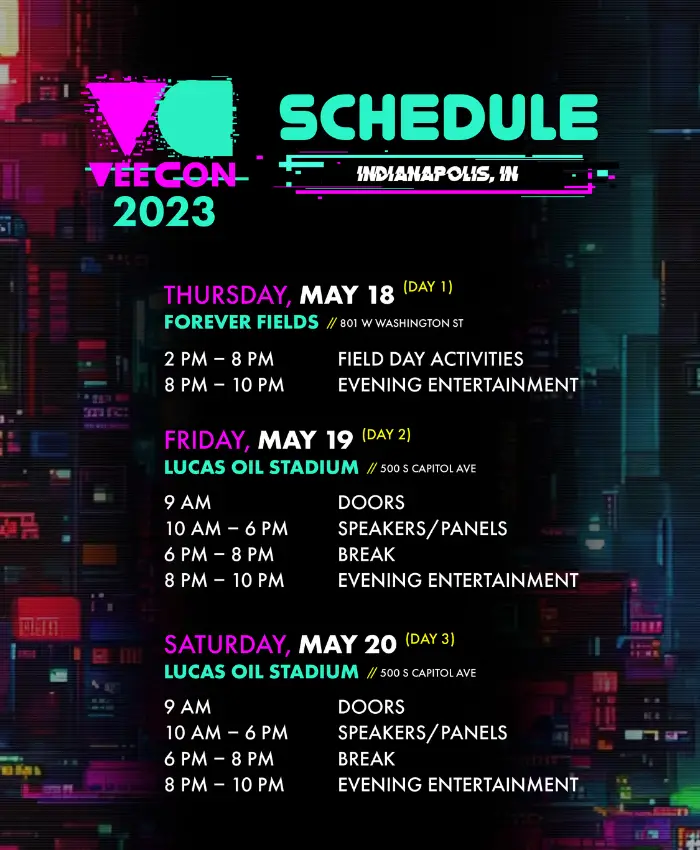 VeeCon 2023 daily schedule.