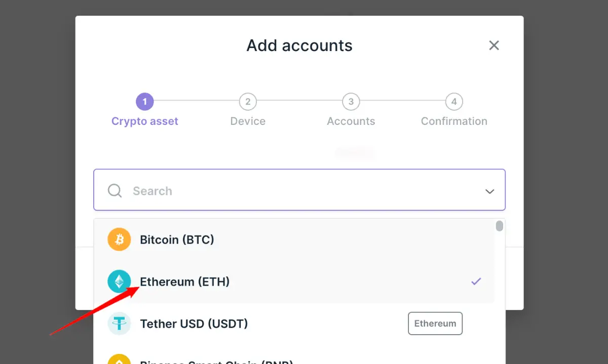 Add Ethereum account to Ledger Live.