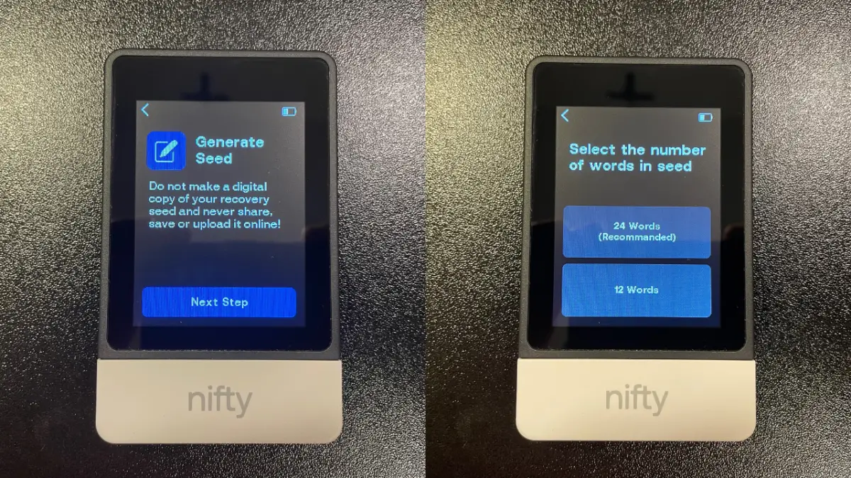 Generating a seed phrase on the SecuX nifty crypto wallet