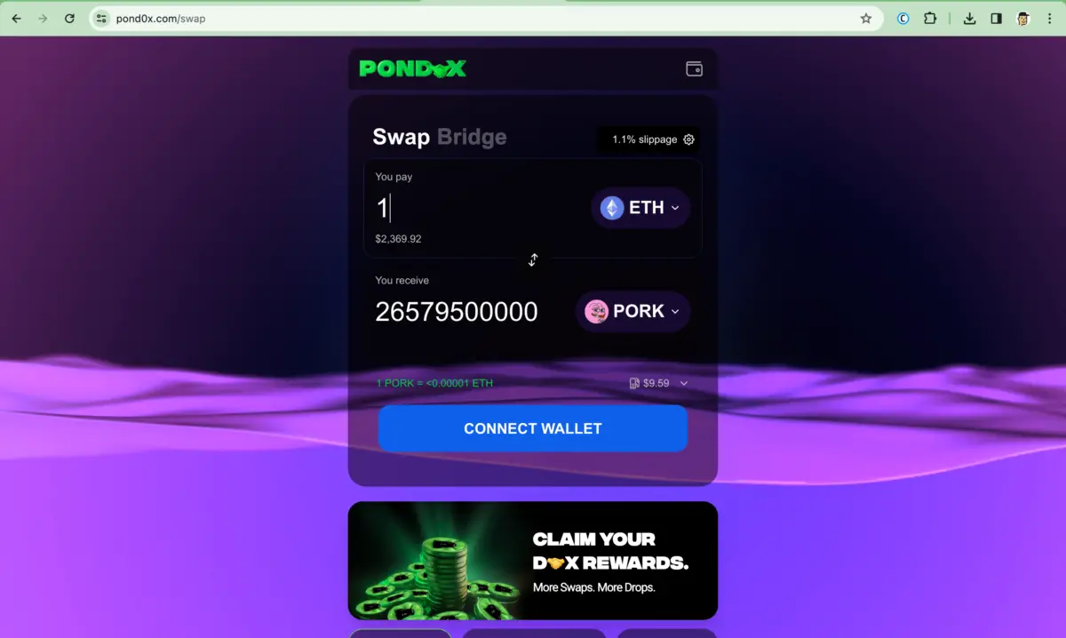 Pond0x.com swap page where you can get Pepe Fork $PORK.